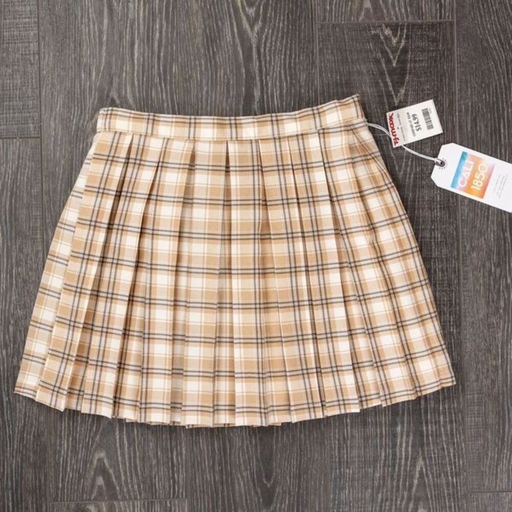 Pleated Plaid Tan and White Skirt Small